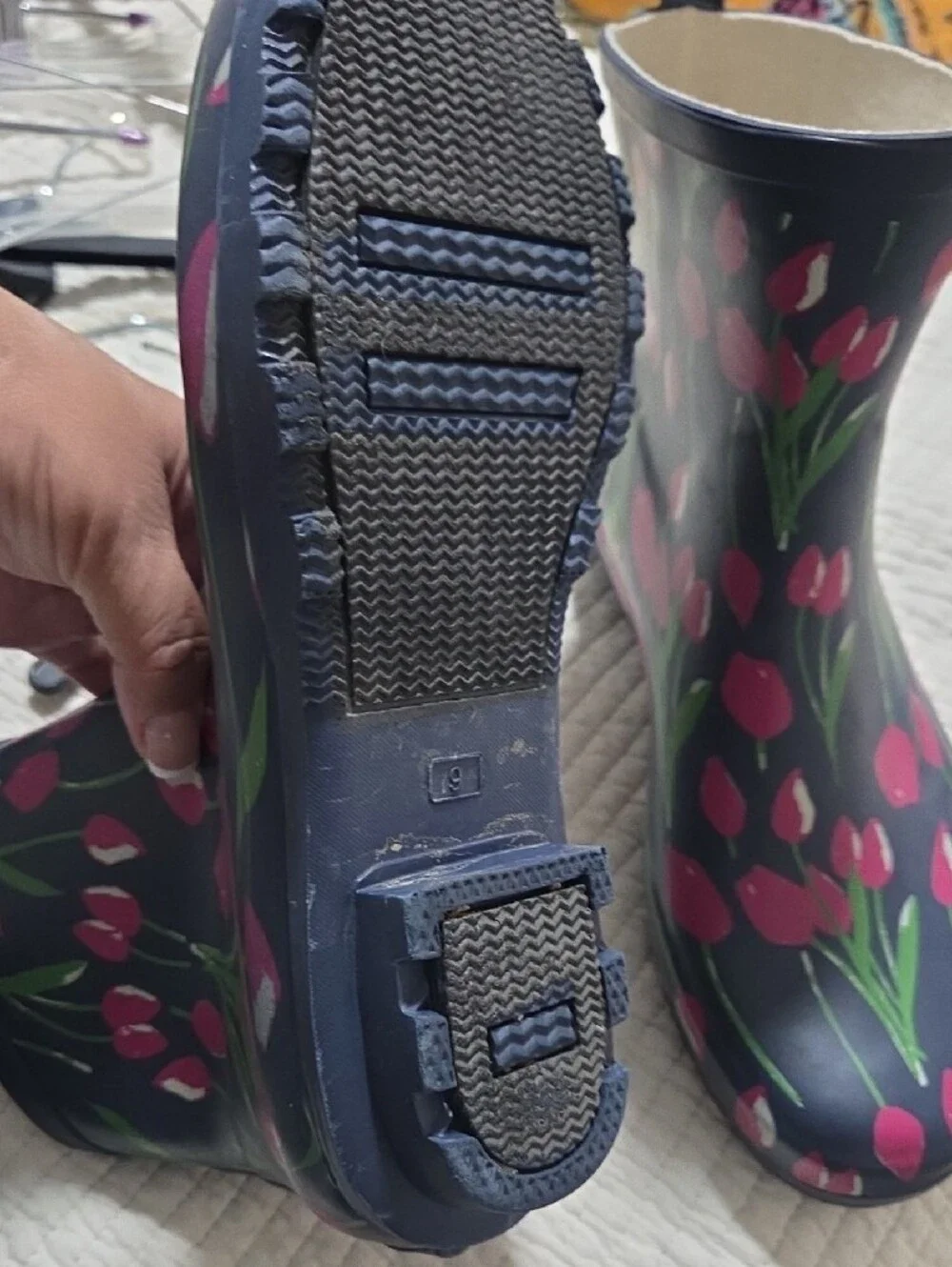 Women’s Navy Floral Rain Boots with Pink Tulips